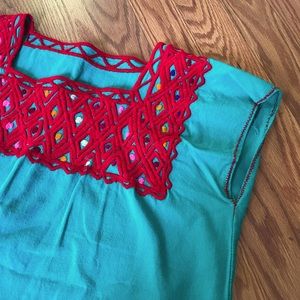 Gorgeous embroidered Mexican cotton blouse teal blue with red
